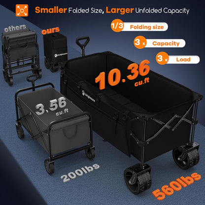 48" L Collapsible Wagon Cart Foldable, 560lbs Weight Capacity 300L Heavy Duty Folding Beach Wagons with Big All-Terrain Wheels, Utility Carts for Groceries, Shopping, Camping, Sports - Black