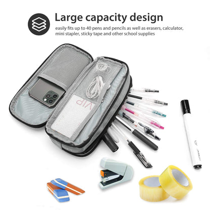 ProCase Pencil Case Pen Bag, Two Layers Big Capacity Pencil Pouch Pen Organizer Durable Stationery Holder for Marker Organization School Supplies Office Storage Desk Organizing -Grey