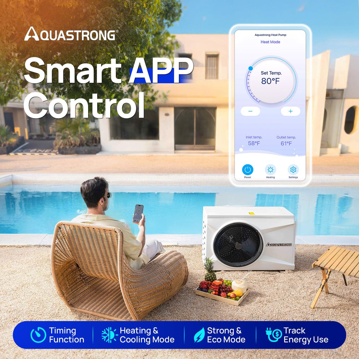 Aquastrong Inverter Swimming Pool Heat Pump, 100,000 BTU 26,000 Gallons Electric Pool Heater for Above Ground and Inground Pool, WiFi Capable Timer, Heating and Cooling Pool Heater 220V