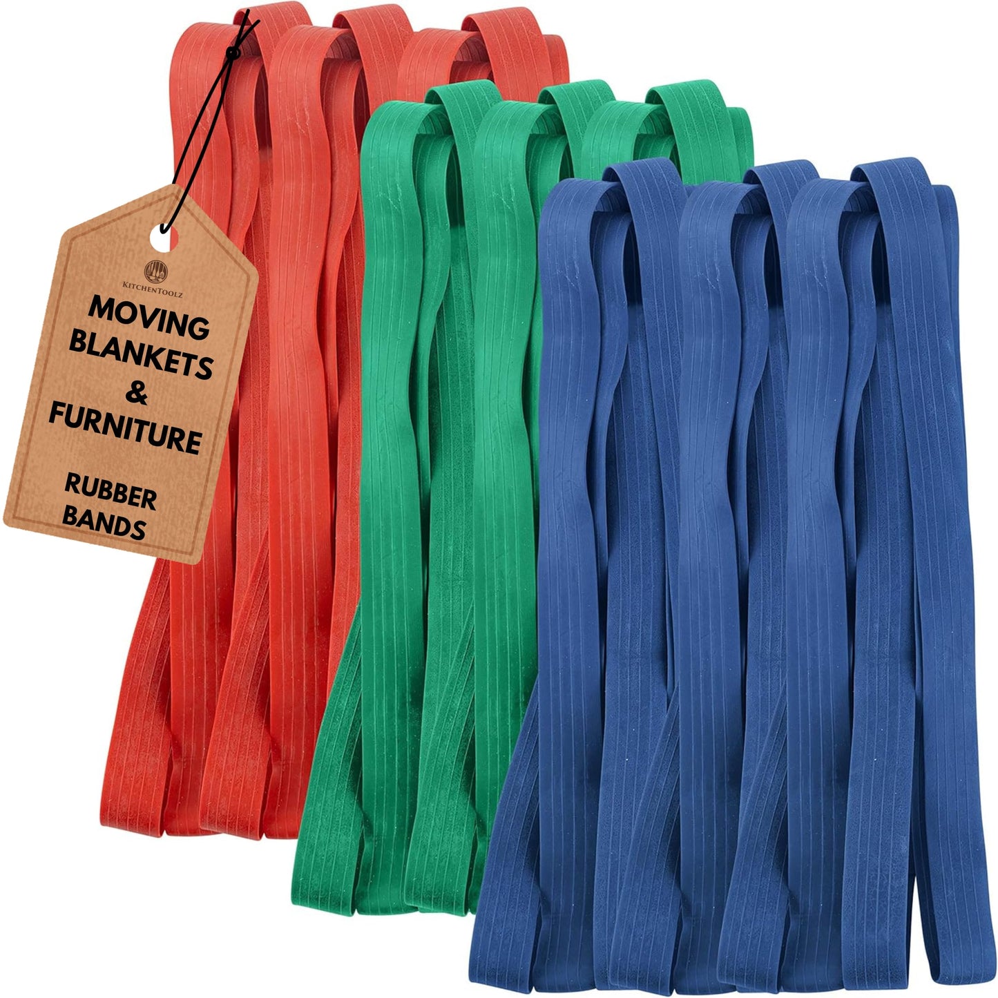 12 Pack Variety Extra Large Moving Rubber Bands for Furniture and Moving Blankets - Extra Strength Rubber Mover Bands - 42", 30" and 26" Length - Moving Supplies by Kitchentoolz