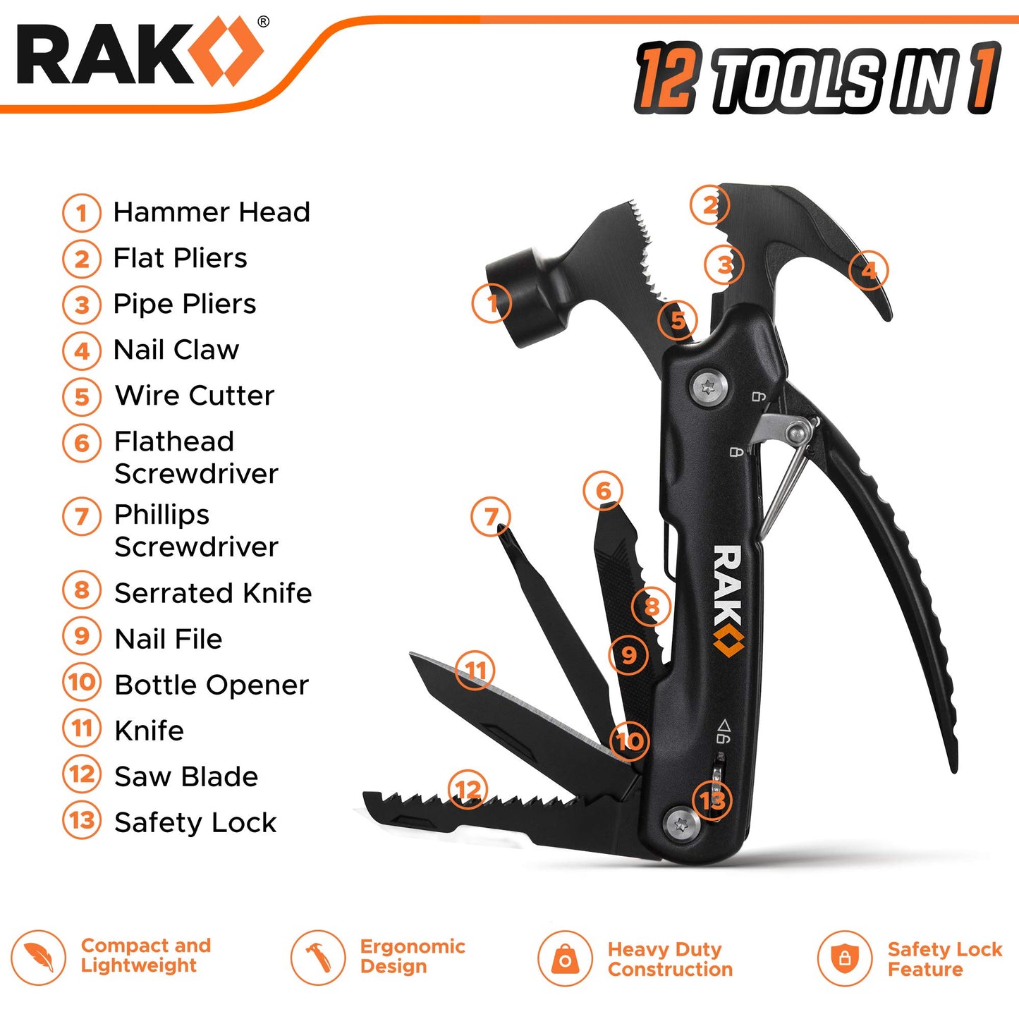 RAK Hammer Multitool BirthdayGifts for Men - Cool Unique Gifts Who Have Everything - Compact DIY Survival Multi Tool - Backpacking & Camping Accessories - Gadget Gifts