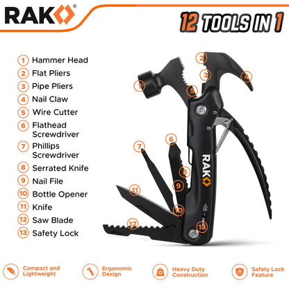 RAK Hammer Multitool BirthdayGifts for Men - Cool Unique Gifts Who Have Everything - Compact DIY Survival Multi Tool - Backpacking & Camping Accessories - Gadget Gifts