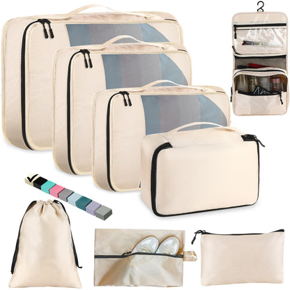 Toncoke 8-Piece Packing Cubes for Travel, Mesh Luggage Organizers with Shoe Bag, Toiletry Bag, Laundry Pouches, 4 Sizes (XL/L/M/S) for Suitcase Organization, Men Women Kids, Beige