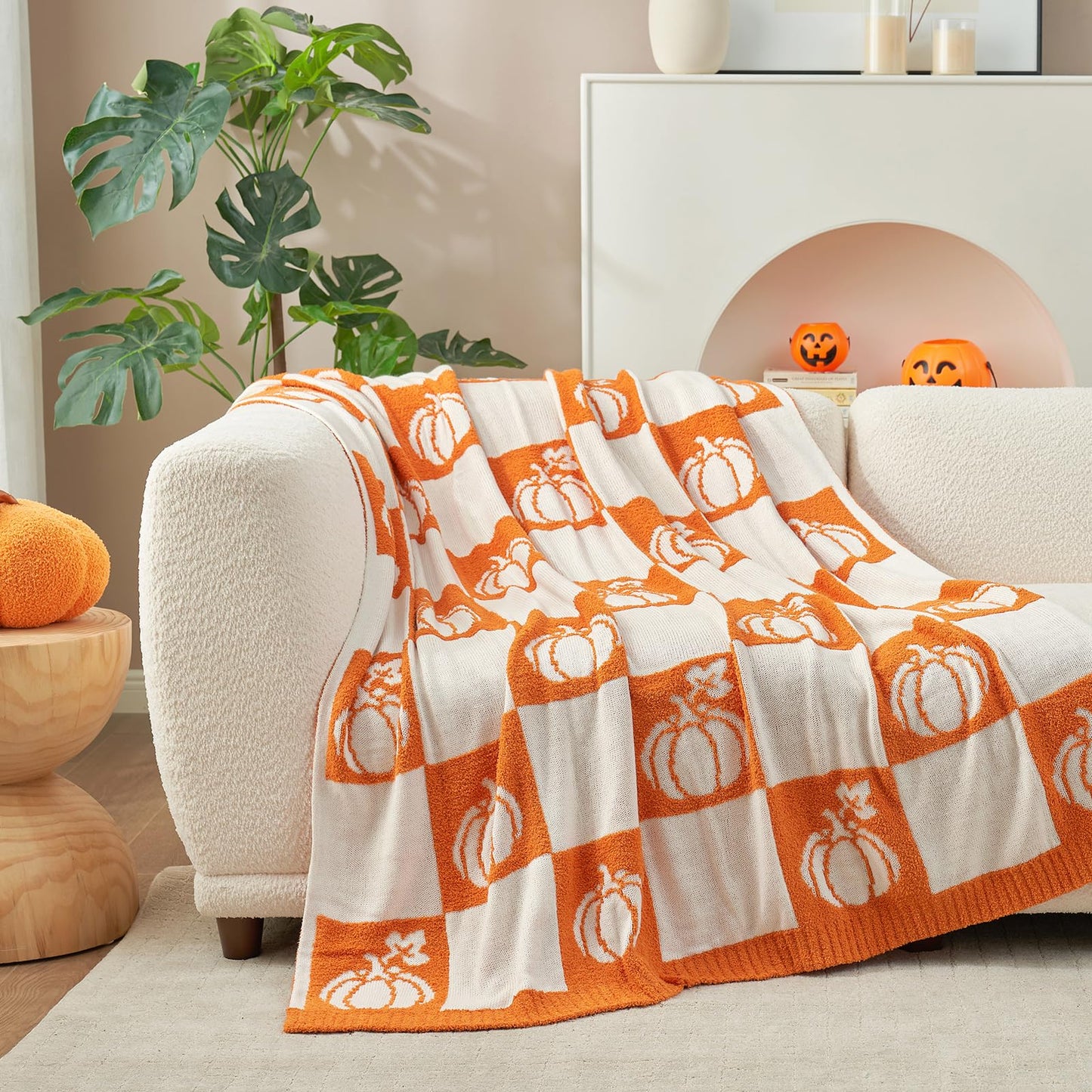 Snuggle Sac Fall Checkered Blanket Orange Pumpkin Throw Blanket for Couch, Bed, Sofa, 50x60 inches, Ribbed Jacquard Ultra Soft Decorative Blanket, Pumpkin Throw Blankets for Halloween Harvest Gifts