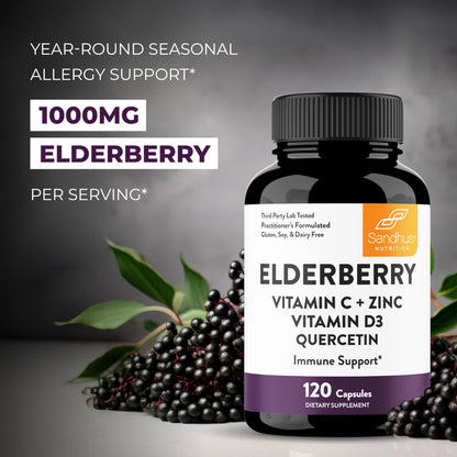 Elderberry Vitamin C and Zinc 120 Capsules | with Quercetin and Vitamin D3 | Immune Support for Adults | Zink Supplements for Men and Women | 2 Months Supply | Natural Immunity Booster