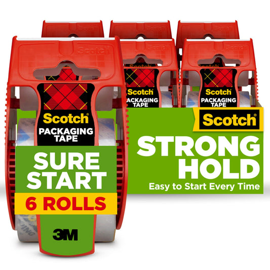 Scotch Sure Start Packing Tape, Clear, Quiet Unwind and Easy Start, 1.88 in. x 22.2 yd., 6 Tape Rolls with Dispensers