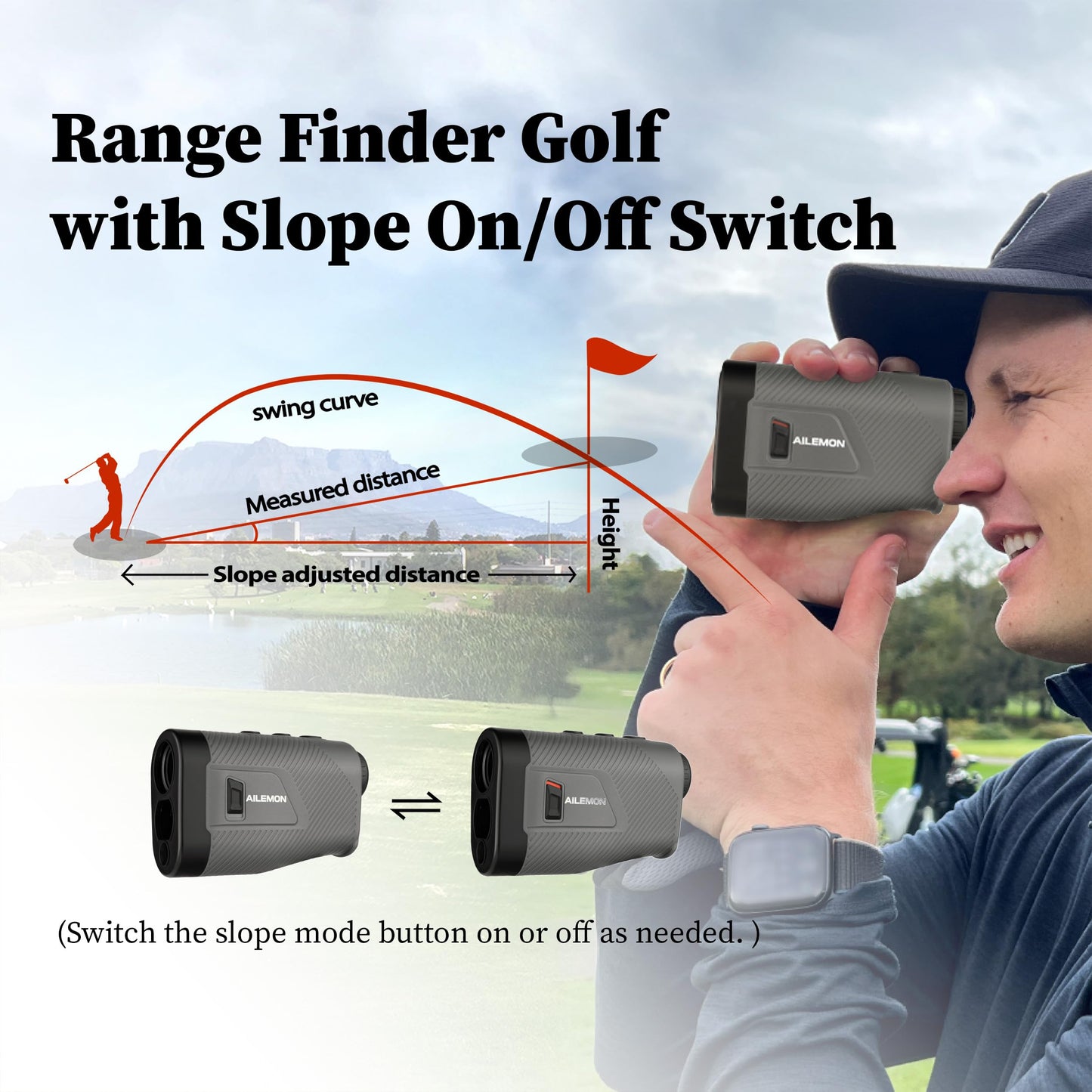 AILEMON 900 Yards Golf Laser Rangefinder with Slope Switch, Ultra-Clear Optics, Flag-Lock/Slope/Magnetic Stripe/Lightweight Goling Range Finder (Gray)