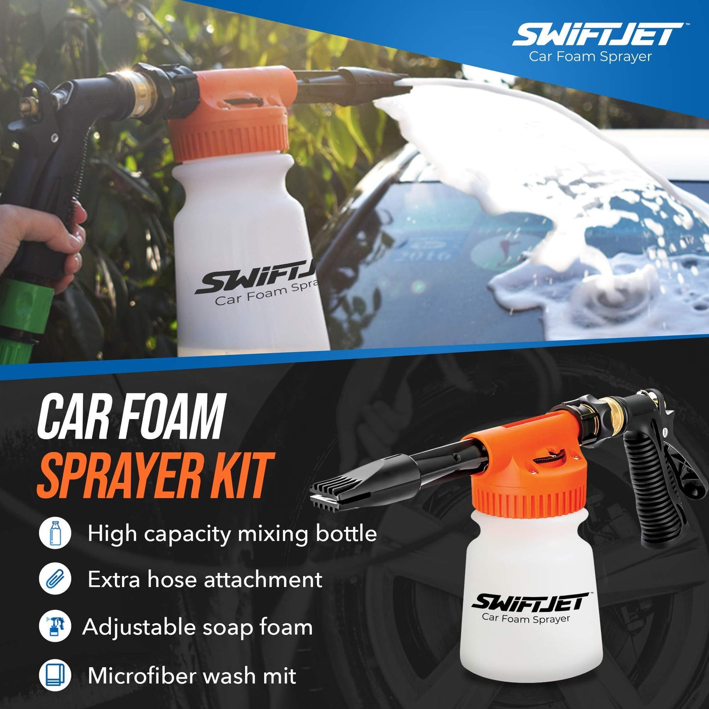 SwiftJet Car Wash Foam Gun + Microfiber Wash Mitt - Foam Cannon Works with Any Soap - Garden Hose Car Foam Sprayer - Car Wash Kit - Car Accessories Foam Blaster (Orange Foam Gun with Mitt)