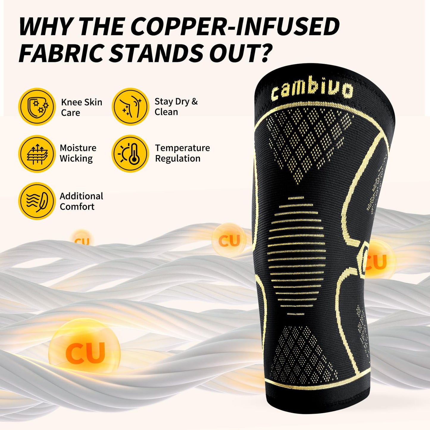 CAMBIVO Copper Knee Braces for Men and Women (2 pack) -Knee Supports Copper Compression Knee Sleeve for Knee Pain, Arthritis, Sports and Recovery Support (Gold, Large)