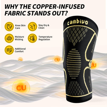 CAMBIVO Copper Knee Braces for Men and Women (2 pack) -Knee Supports Copper Compression Knee Sleeve for Knee Pain, Arthritis, Sports and Recovery Support (Gold, Large)