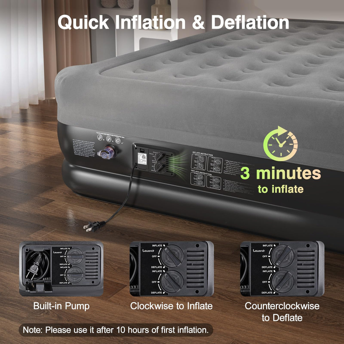 Lewondr Queen Air Mattress with Built in Pump,18" Deluxe Blow Up Mattress Airbed, Comfy Self Inflating Air Mattress, 3Min Fast Inflatable Mattress for Camping, Home, Guests, Travel(661lb MAX), Gray