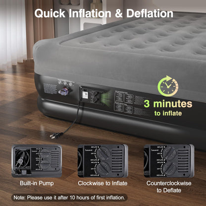 Lewondr Queen Air Mattress with Built in Pump,18" Deluxe Blow Up Mattress Airbed, Comfy Self Inflating Air Mattress, 3Min Fast Inflatable Mattress for Camping, Home, Guests, Travel(661lb MAX), Gray