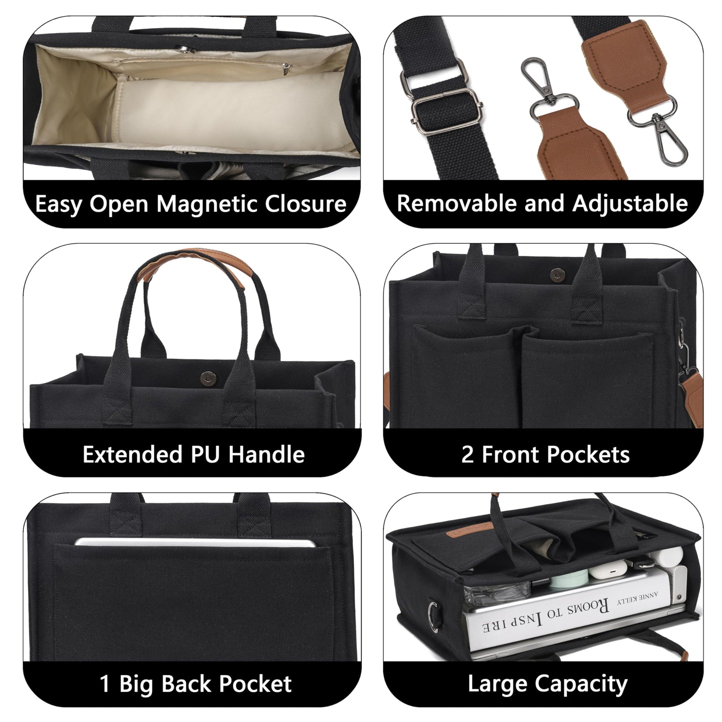 ZHMO Canvas Tote Bag for Women With Compartments and Pocket,Black Women's Bags Crossbody Bags Work Laptop Tote Bag Large Satchels Handbag Tote Purse Everyday Shoulder Bag for Travel Nurse Teacher Gift