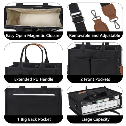 ZHMO Canvas Tote Bag for Women With Compartments and Pocket,Black Women's Bags Crossbody Bags Work Laptop Tote Bag Large Satchels Handbag Tote Purse Everyday Shoulder Bag for Travel Nurse Teacher Gift