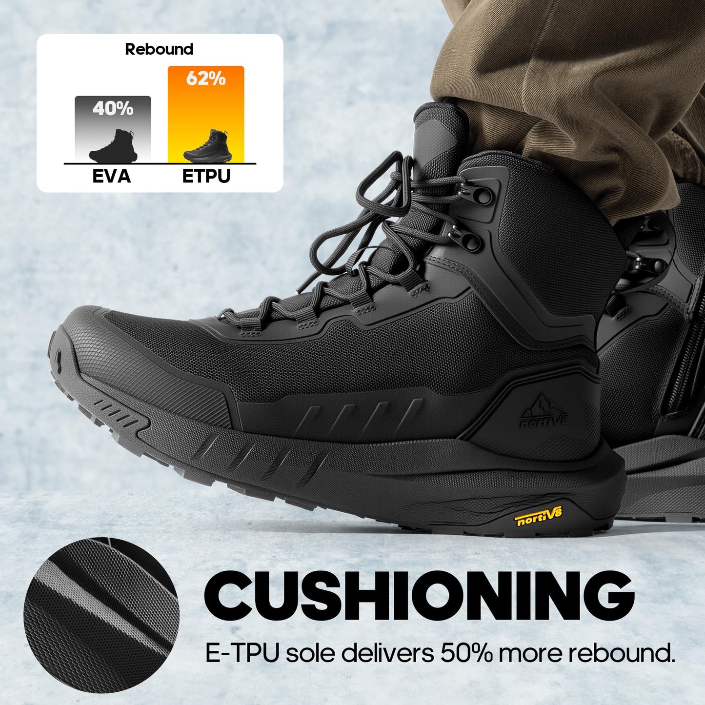 NORTIV 8 Men's Tactical Hiking Boot Lightweight Cushion Sole Boots for Work All Day Side Zipper Motorcycle Combat Military Boot Arch Support 8 Inches Terrascope,Size 9.5,Black,NMUMMT2503