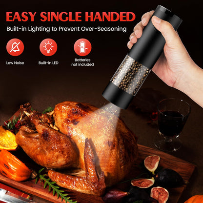 Electric Salt and Pepper Grinder Set Automatic Battery Pepper Mill Shakers Adjustable Coarseness Easy Filling Upgraded Larger Capacity with Led (2 Pack Black/White）