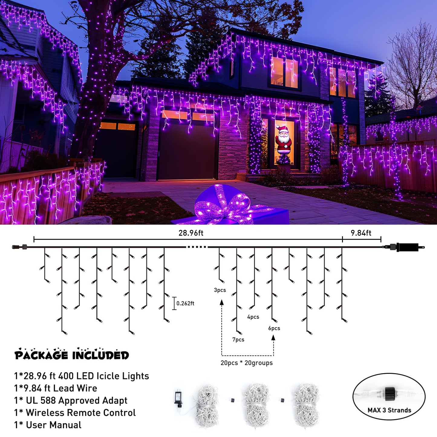JMEXSUSS Purple Halloween Icicle Lights, 38.8 FT 400 LED Icicle Light Outdoor Waterproof, 8 Modes Purple Halloween Lights with 80 Drops Plug in for House Christmas Party Decorations
