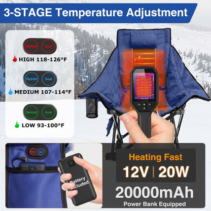 Slendor Oversized Rocking Camping Chair, XL Heated Camping Chair w/ 3 Levels Heat for Back+Seat, Padded Rocking Lawn Chair with 20000 mAh Power Bank, Pillow, Side Pocket, Carry Bag, Navy Blue