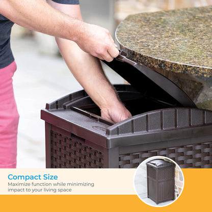 Suncast 33 Gallon Outdoor Trashcan Hideaway with Lid for 30 to 33 Gallon Trash Bags for Garage, Backyard, or Garden, Brown, Made in the USA