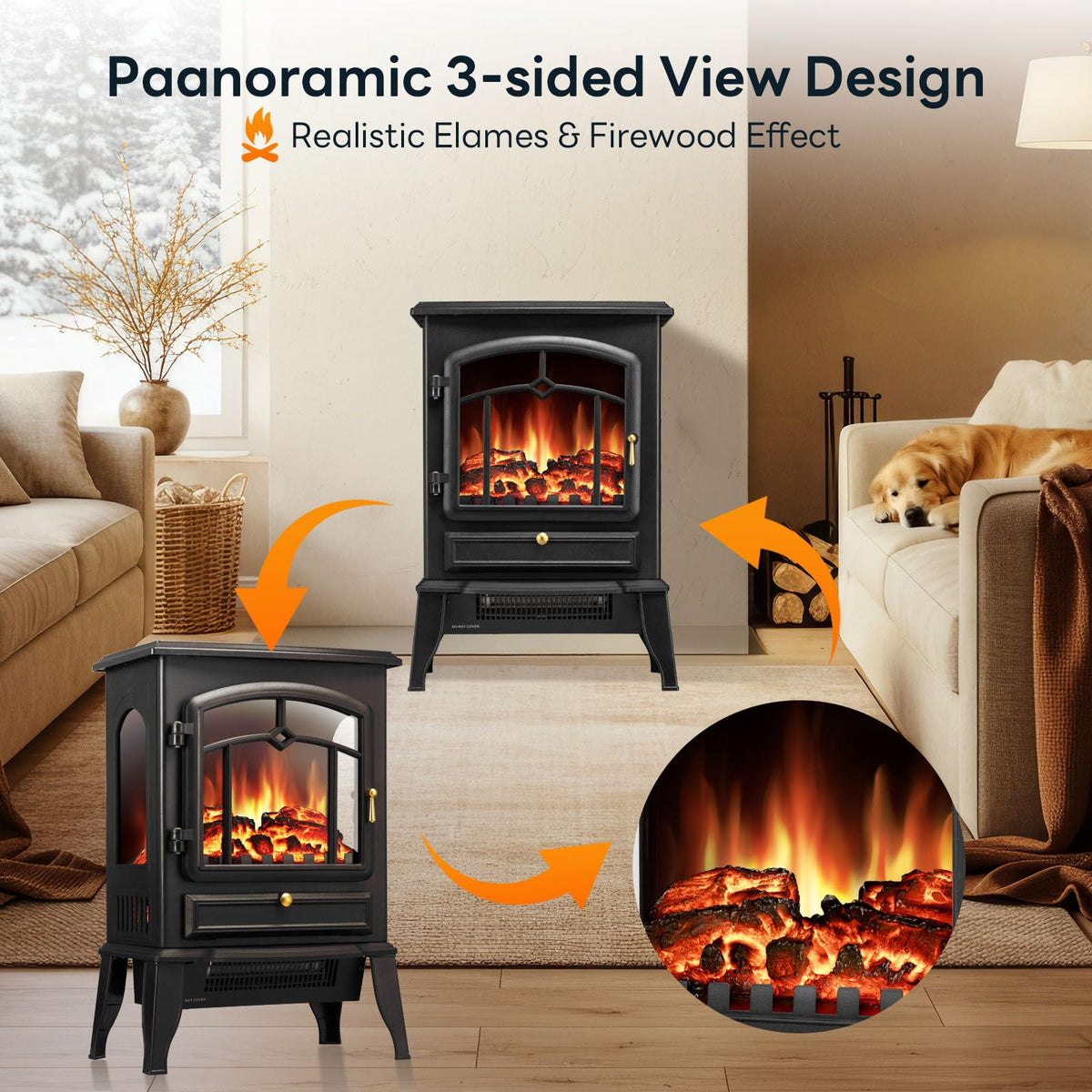 ZAFRO Electric Fireplace Stove, 5100 BTU Quick Heating Electric Fireplace Heater with Adjustable Flame Brightness, 1000W/1500W Thermostat, for Living Room, Bedroom