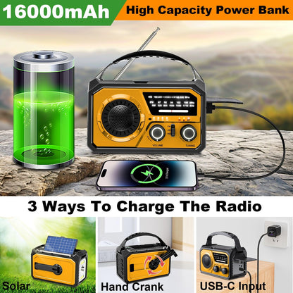 16000mAh Hand Crank Emergency Weather Radio with Wireless Speaker, 59200mWh NOAA AM FM Solar Radio with Flashlight Cell Phone Charger Reading Lamp Compass SOS for Camping and Survival (Orange)