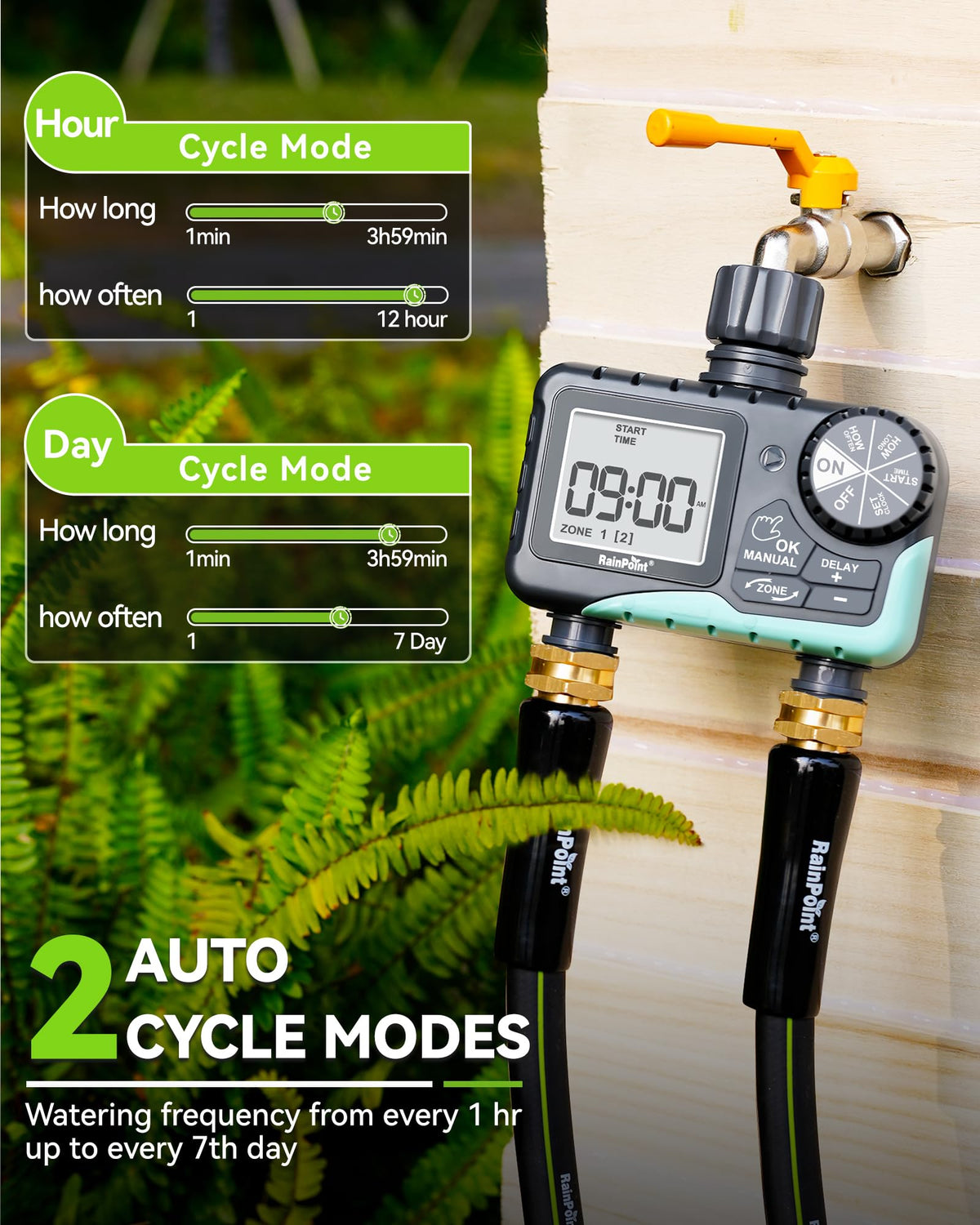 RAINPOINT 2 Zone Water Timer for Garden Hose - Sprinkler With Rain Delay, Manual Watering, Automatic Irrigation Controller System - Programmable Faucet Timer for Yard Lawn