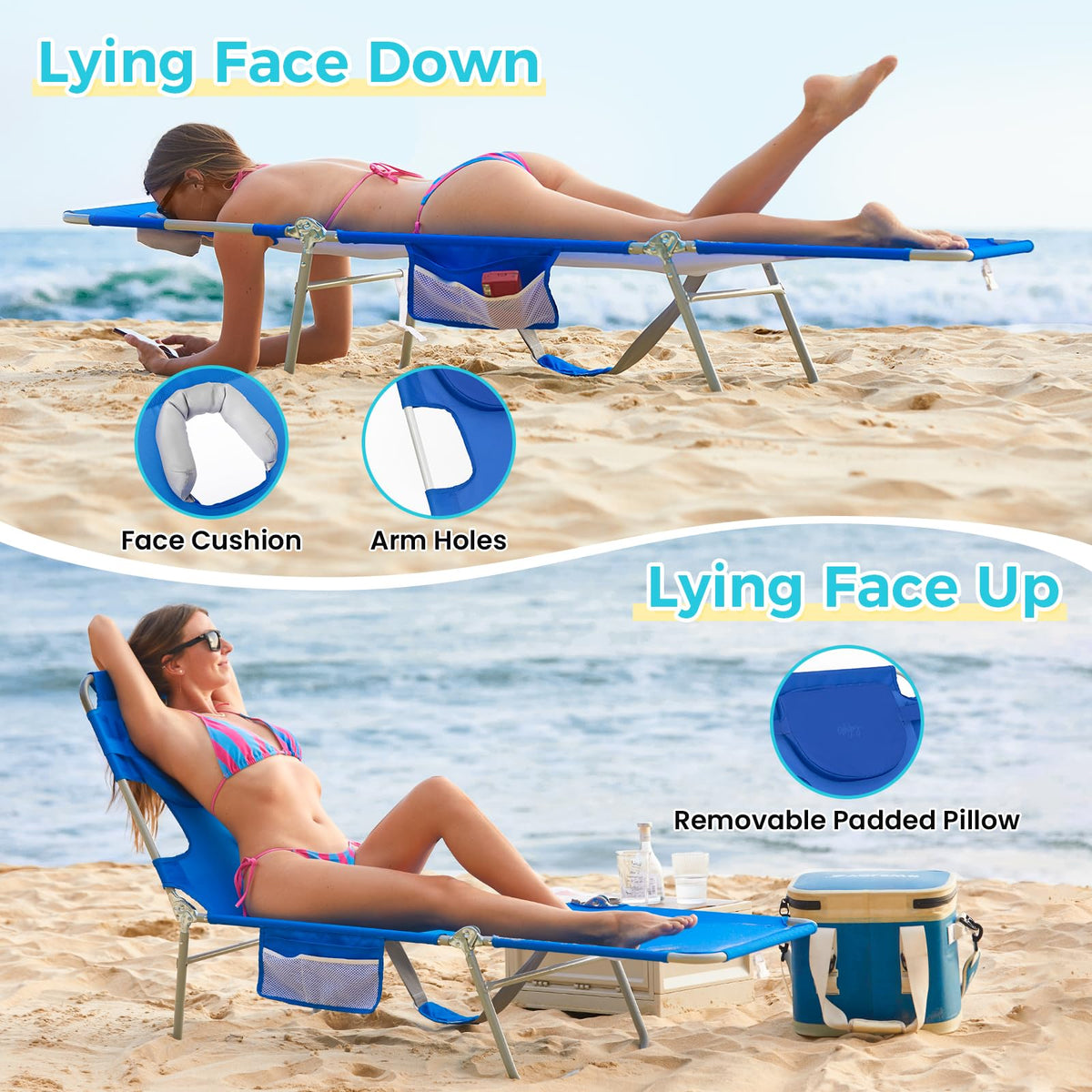 #WEJOY Folding Tanning Chair with Face Hole, 5 Positions Face Down Beach Lounge Chairs with Pillow for Outside Sunbathing Poolside (Blue)