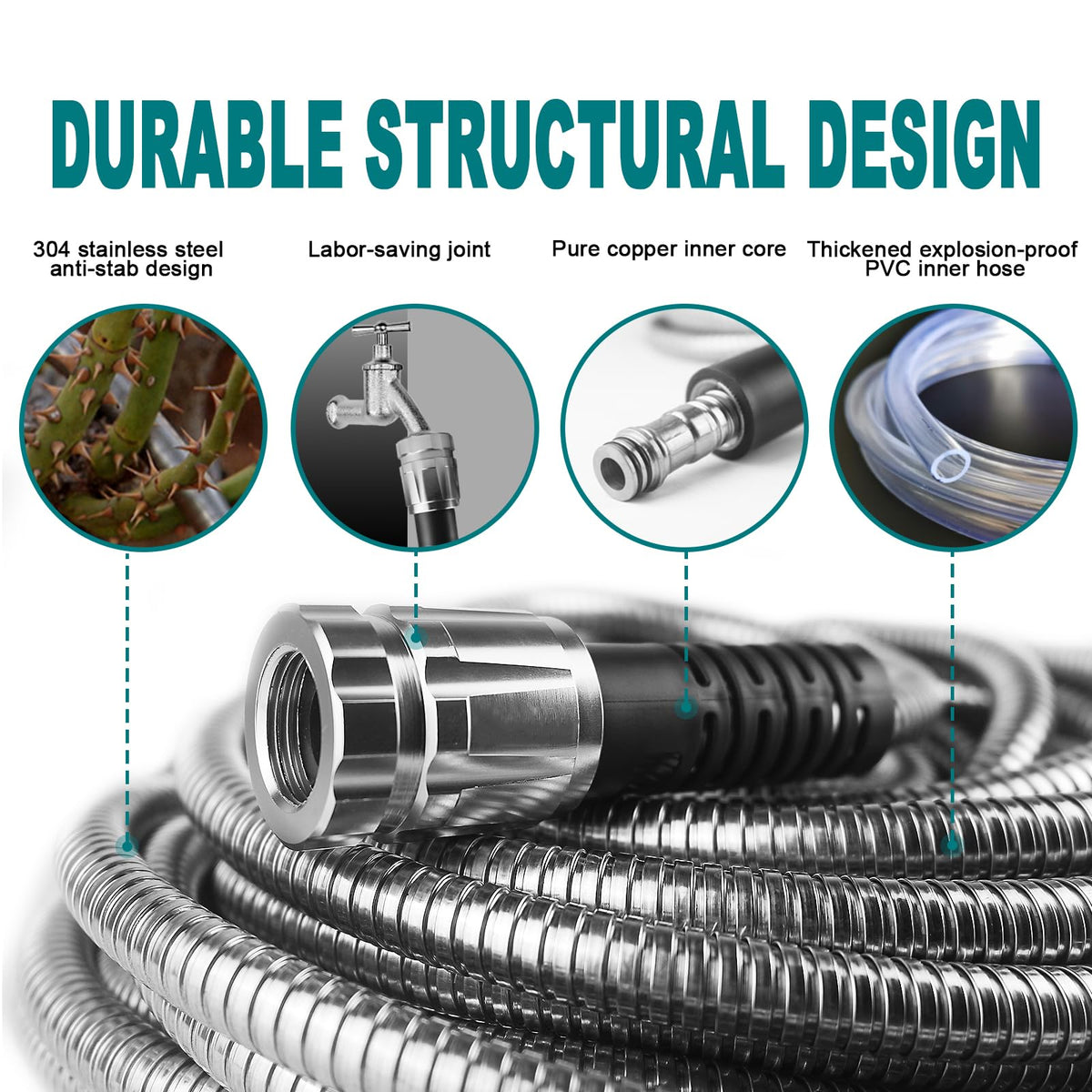 25FT Metal Garden Hose - Stainless Steel, Heavy Duty, Flexible & Lightweight, Never Kink and Tangle, with 10-Function Nozzle, Pressure Resistant for Outdoor Use (Grey)