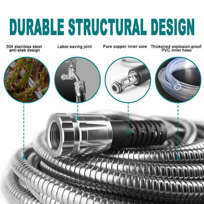 25FT Metal Garden Hose - Stainless Steel, Heavy Duty, Flexible & Lightweight, Never Kink and Tangle, with 10-Function Nozzle, Pressure Resistant for Outdoor Use (Grey)