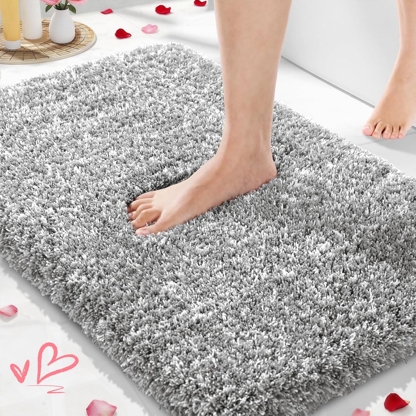 Yimobra Bathroom Rugs Non Slip Washable 32x20, Ultra Soft and Water Absorbent Bath Mats, Plush Fluffy Shower Mat Outside, Microfiber Thick Matts for Bathroom Floor/Tub, Light Gray and White