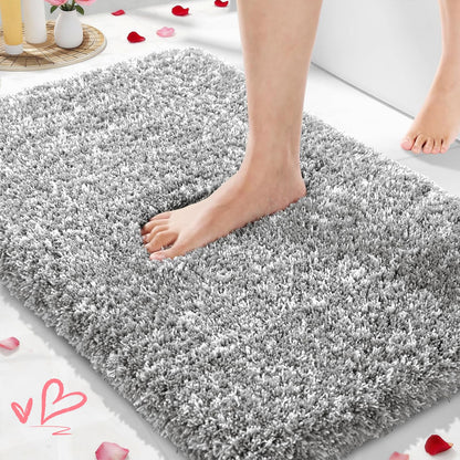 Yimobra Bathroom Rugs Non Slip Washable 32x20, Ultra Soft and Water Absorbent Bath Mats, Plush Fluffy Shower Mat Outside, Microfiber Thick Matts for Bathroom Floor/Tub, Light Gray and White