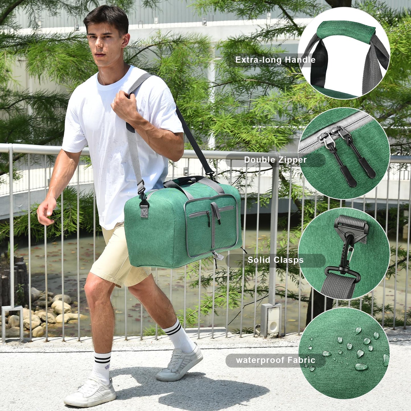 Dimayar 65L Travel Duffle Bag for Men Women - Foldable Duffel Bag with Shoes Compartment - Overnight Bags Waterproof & Tear Resistant(Forest Green)