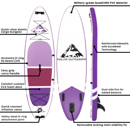 Polar Outdoors by Roc Inflatable Stand Up Paddle Board with Premium SUP Paddle Board Accessories, Wide Stable Design, Non-Slip Comfort Deck for Youth & Adults (Orchid)