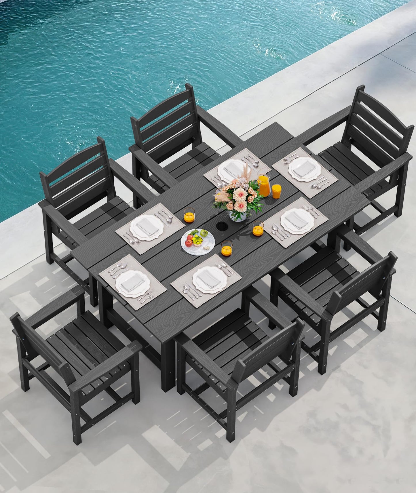 SERWALL 7-Piece Patio Dining Table Sets, Outdoor HDPE Dining Furniture Set with Umbrella Hole Cut-Out Table and 6 Chairs, Black