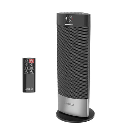 Lasko Ellipse Ceramic Tower Heater for Home with Tipover Switch, Child Lock, Digital Display, Thermostat, Wide Oscillation, Remote, Timer, For Bedroom, Office, Living Room, Den, 1500W, Black, CT18950
