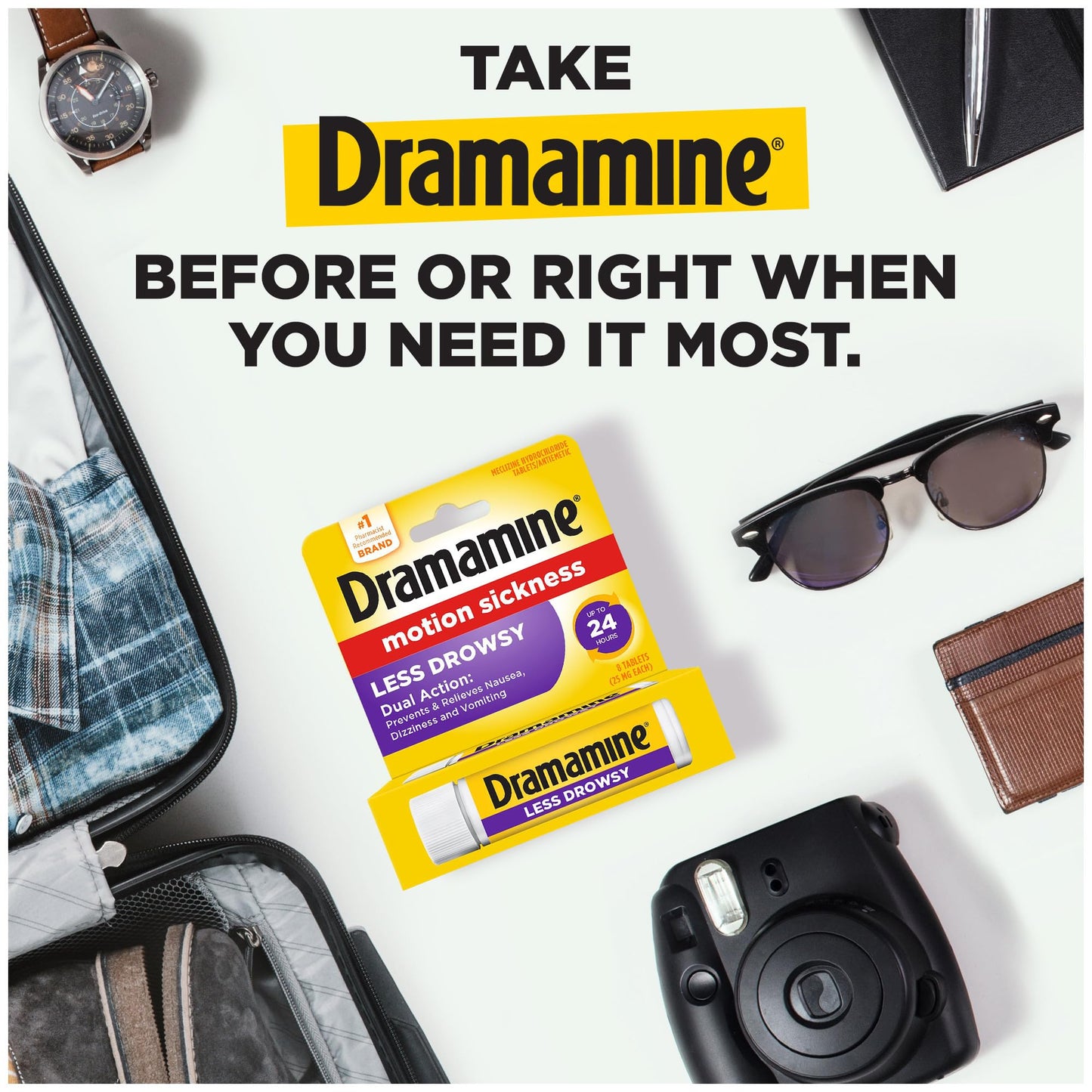 Dramamine Motion Sickness Less Drowsy, Travel Vial, Multicolor, 8 Count