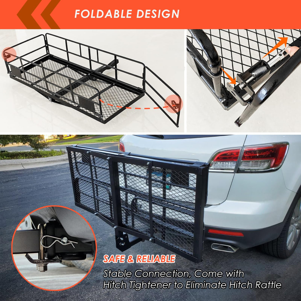 MeeFar High Rail Trailer Folding Hitch Mount Cargo Carrier Basket 60" X 24" X 14"+Waterproof Cargo Bag 20 cu ft(59" 24" 24"), Capacity of 500 Lbs with Hitch Stabilizer, Net, Lock and Straps