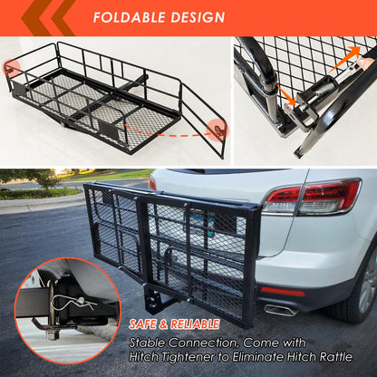 MeeFar High Rail Trailer Folding Hitch Mount Cargo Carrier Basket 60" X 24" X 14"+Waterproof Cargo Bag 20 cu ft(59" 24" 24"), Capacity of 500 Lbs with Hitch Stabilizer, Net, Lock and Straps