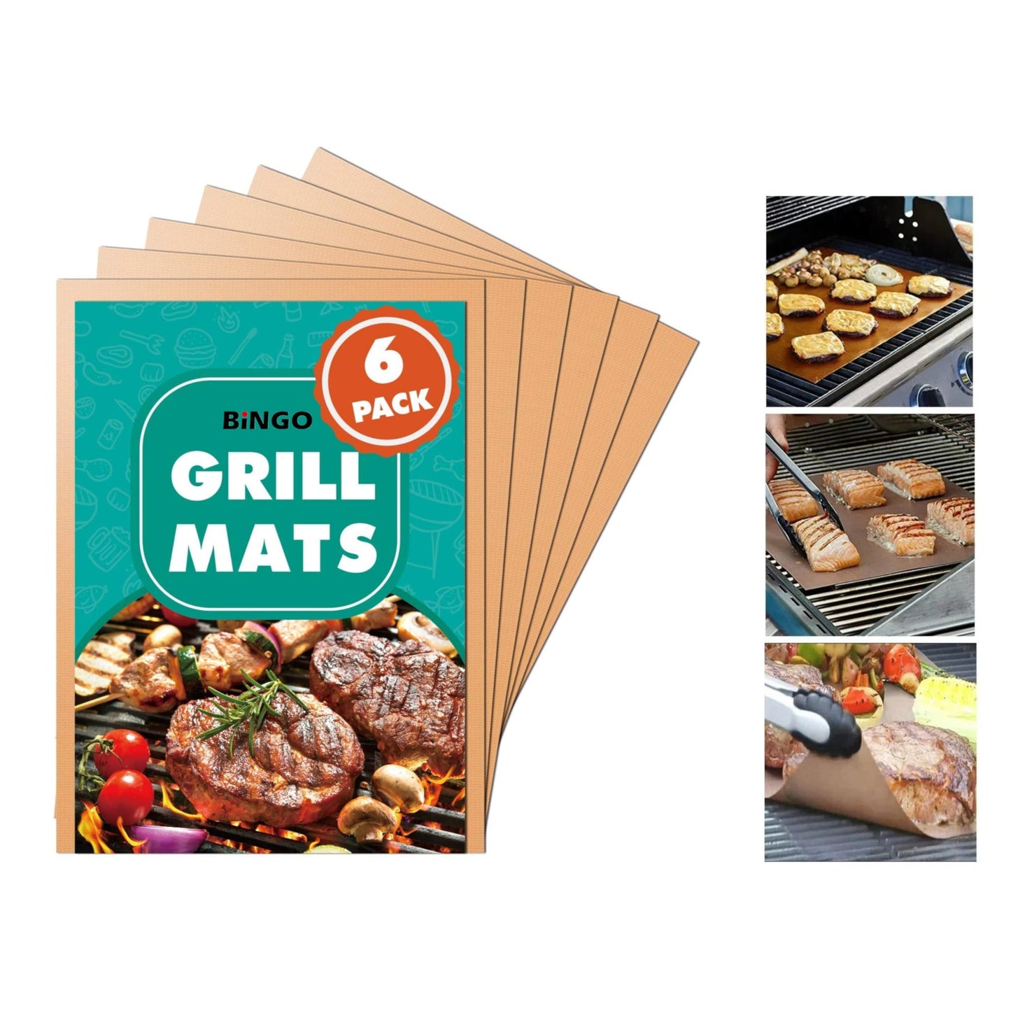 BINGO Copper Grill Mats Non Stick for Gas Grill Charcoal Grill Cooking, Heavy Duty Reusable Dishwasher Safe Easy to Clean PFOA Free For Outdoor Grilling BBQ tool Fireproof Baking,15.75inch, 6 Pack