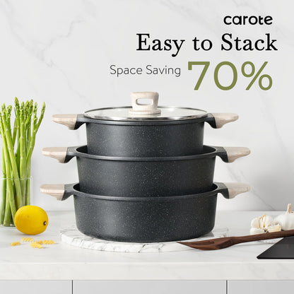 CAROTE Nonstick Pots and Pans Set, Cookware Set Induction Kitchen Cooking Set w/Stock pot & Saucepans, CLassic Black 13pcs