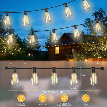 Hobbynors ST38 50FT LED Outdoor String Lights with 25+2 Spare Bulbs, E12 Socket, 2700K Warm White-for Backyard, Wedding, Camping, Porch, Deck, Gazebo, Bistro Decor