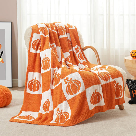 Snuggle Sac Fall Checkered Blanket Orange Pumpkin Throw Blanket for Couch, Bed, Sofa, 50x60 inches, Ribbed Jacquard Ultra Soft Decorative Blanket, Pumpkin Throw Blankets for Halloween Harvest Gifts