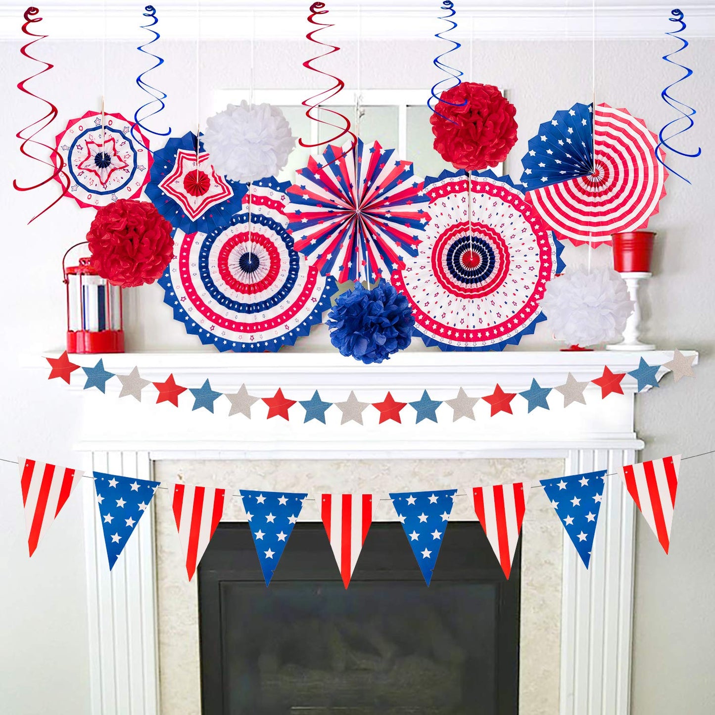 29PCS 4th/Fourth of July Patriotic Decorations Set - Red White Blue Paper Fans,USA Flag Pennant,Star Streamer,Pom Poms,Hanging Swirls Party Decor Supplies