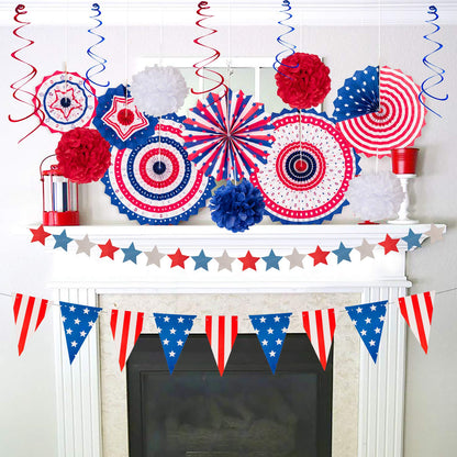 29PCS 4th/Fourth of July Patriotic Decorations Set - Red White Blue Paper Fans,USA Flag Pennant,Star Streamer,Pom Poms,Hanging Swirls Party Decor Supplies