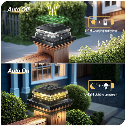 Solar Post Cap Light 8 Packs, Waterproof Solar Powered Fence Light, 4x4 IP65 Black Outdoor Post Solar Lights for Deck Garden & Patio Lights for 3.5x3.5,4x4,5x5 Wood & Vinyl Posts Warm White Lighting