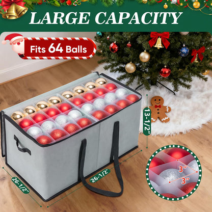 BALEINE Christmas Ornament Storage Box with Dividers, Premium Holiday Ornaments Storage Container Bin for Xmas Decorations (128 Ball, Grey, Soft)