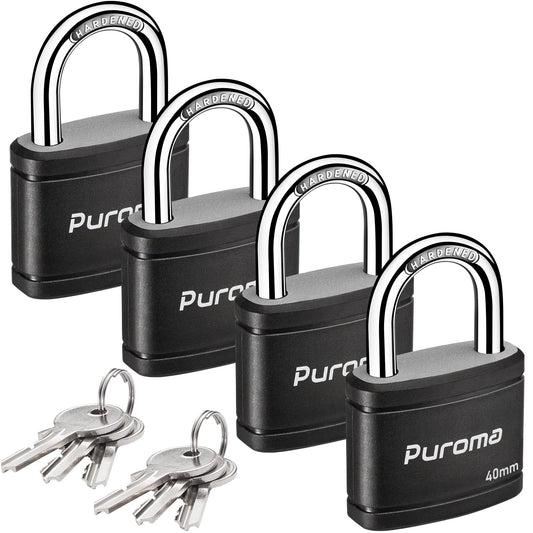Puroma 4 Pack Keyed Padlock with 6 Keys Alike, 1.1 Inch Locker Lock 40mm Heavy-Duty Locks for Gate Fence Hasp Cabinet Toolbox School Gym Locker (Black)