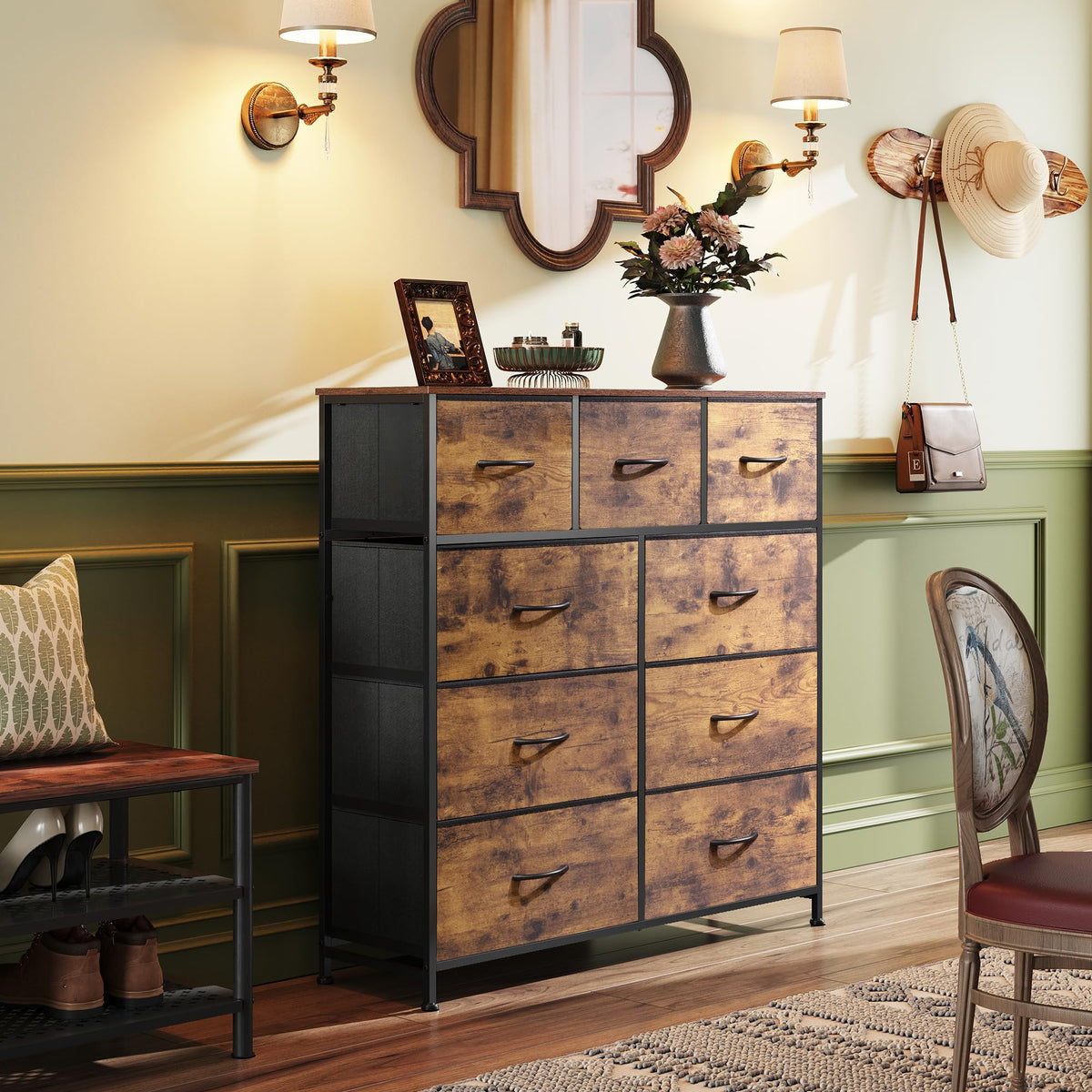WLIVE 9-Drawer Dresser, Fabric Storage Tower for Bedroom, Hallway, Entryway, Closet, Tall Chest Organizer Unit with Fabric Bins, Steel Frame, Wood Top, Easy Pull Handle, Rustic Brown Wood Grain Print