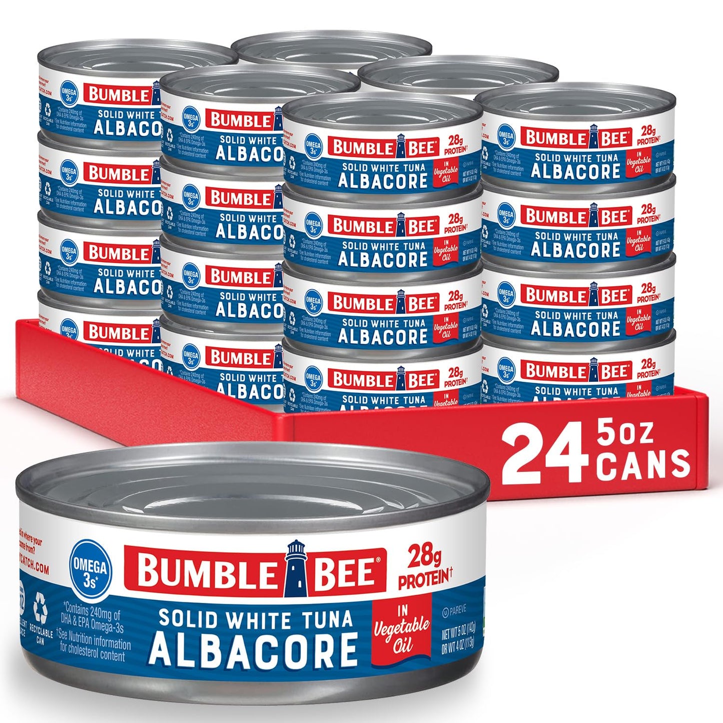 Bumble Bee Solid White Albacore Tuna in Oil, 5 oz Can (Pack of 24) - Wild Caught Tuna - 28g Protein per Serving, High in Omega-3s - Non-GMO Project Verified, Gluten Free, Kosher
