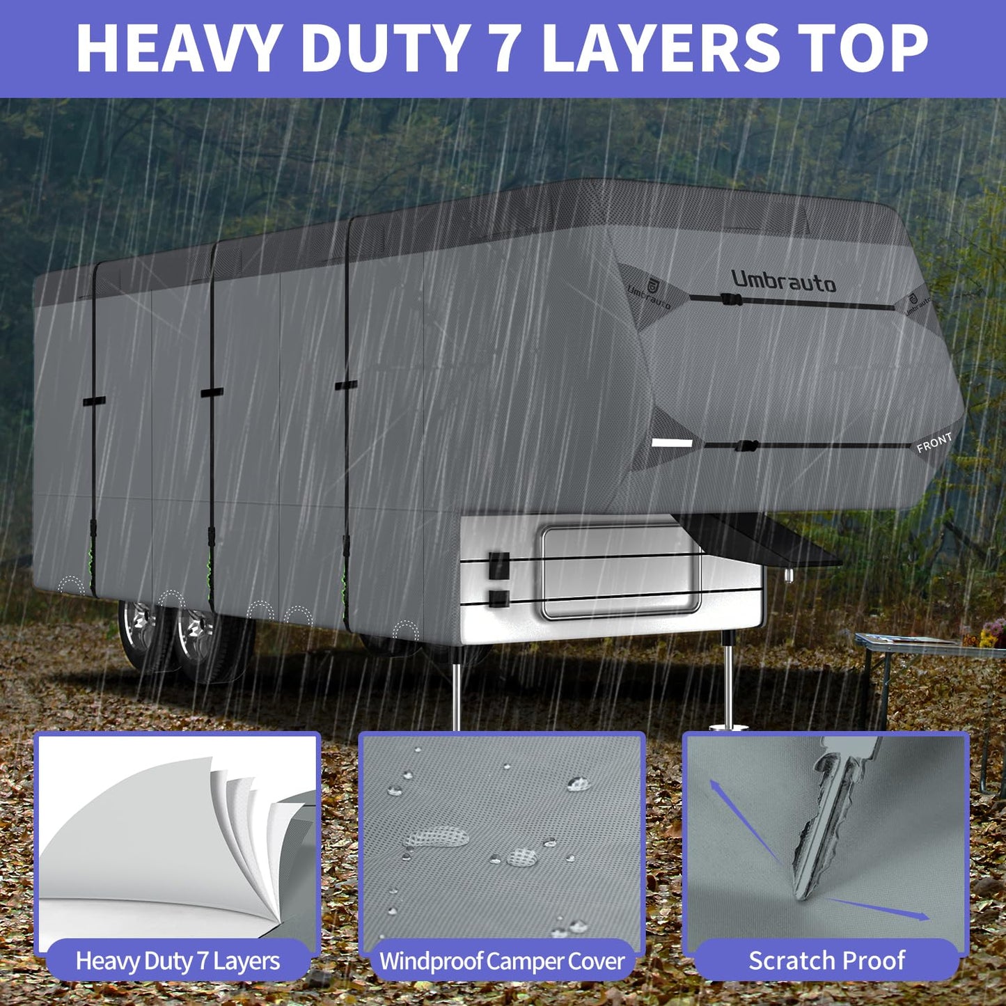 Umbrauto 5th Wheel RV Cover Upgraded 7 Layers Top Anti-UV Waterproof Breathable Camper Covers Fits 31' - 34' Travel Trailer Motorhome with 2Pcs Extra Straps & Gutter Covers